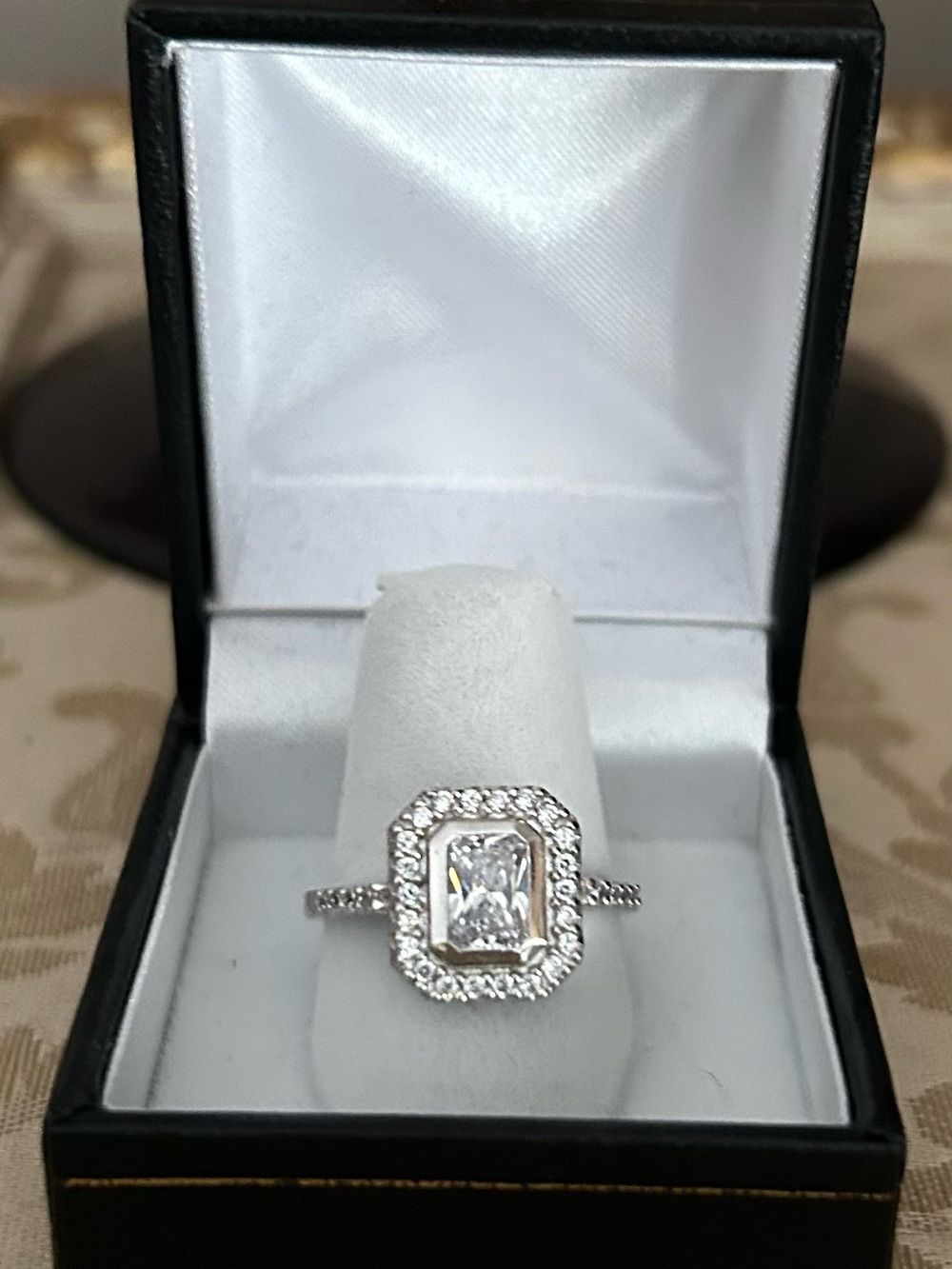 Sterling Silver Emerald Cut Halo Engagement Ring - White